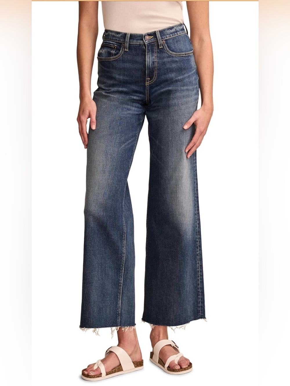 Lucky Brand Stevie - High-Rise Wide Leg Jeans in Indigo Blue - raw frayed edge